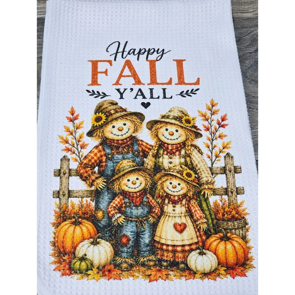 Happy Fall Y'all Scarecrow Family Kitchen Towel Farmhouse Autumn Decor